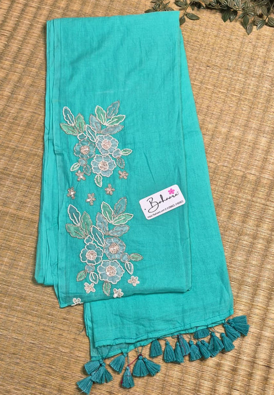 Mohini | Aqua Blue Mul Mul Cotton Saree with Handcrafted Moti Work on Front Top Part