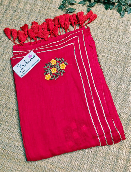 Mohini | Vermillion Red Mul Mul Cotton Saree with Gotapatti Hand Embroidery