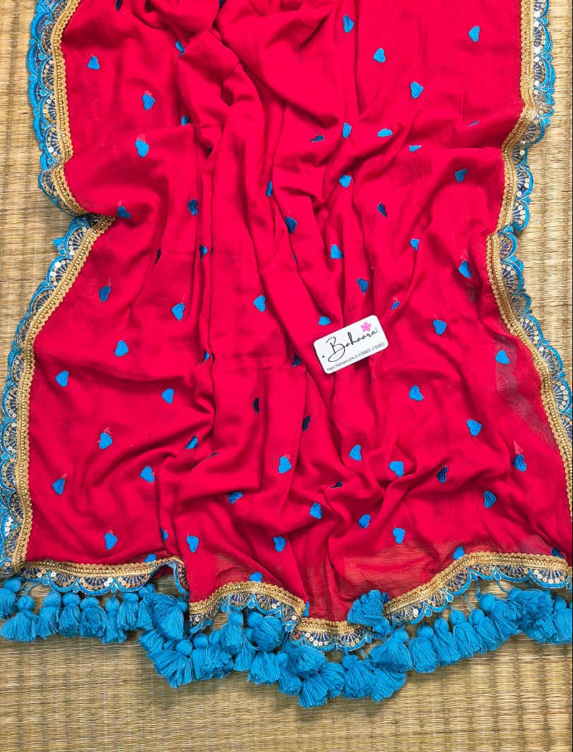 Dil | Ruby Red Mul Mul Cotton Saree with Golden Zari Lace