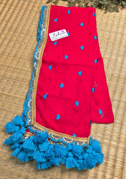 Dil | Ruby Red Mul Mul Cotton Saree with Golden Zari Lace