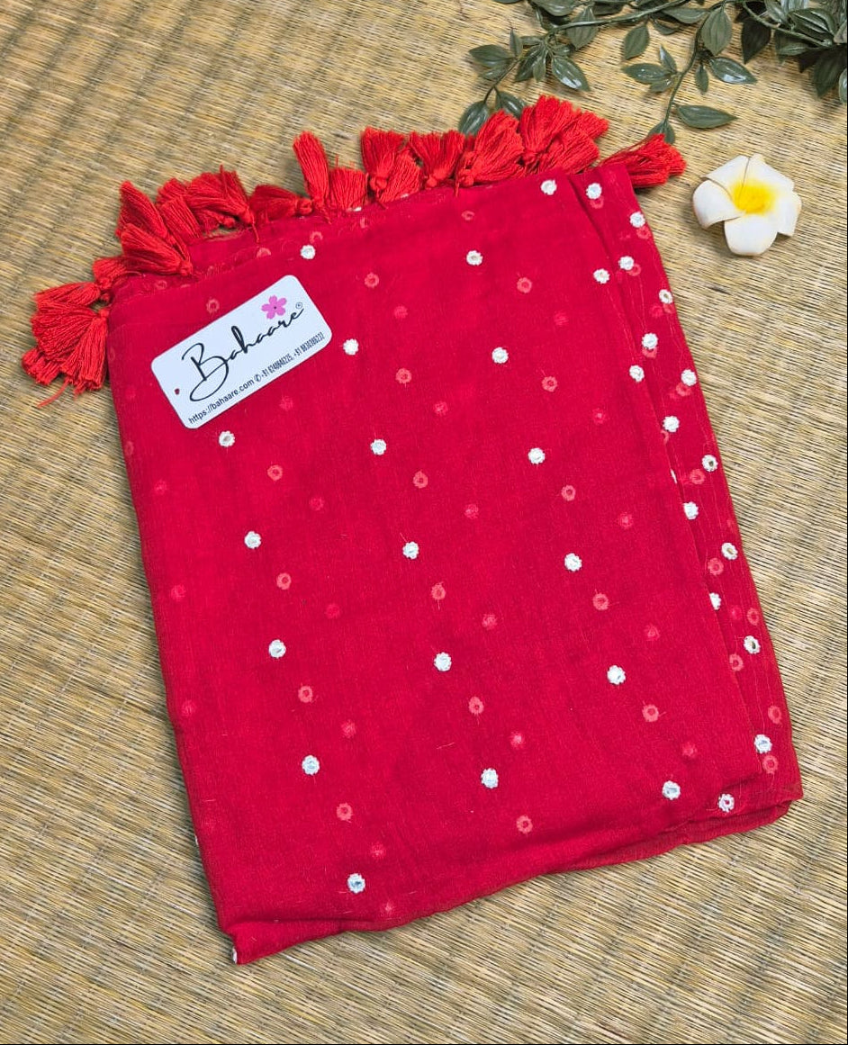 Mohini | Cherry Red Mul Mul Cotton Saree with Mirror Work
