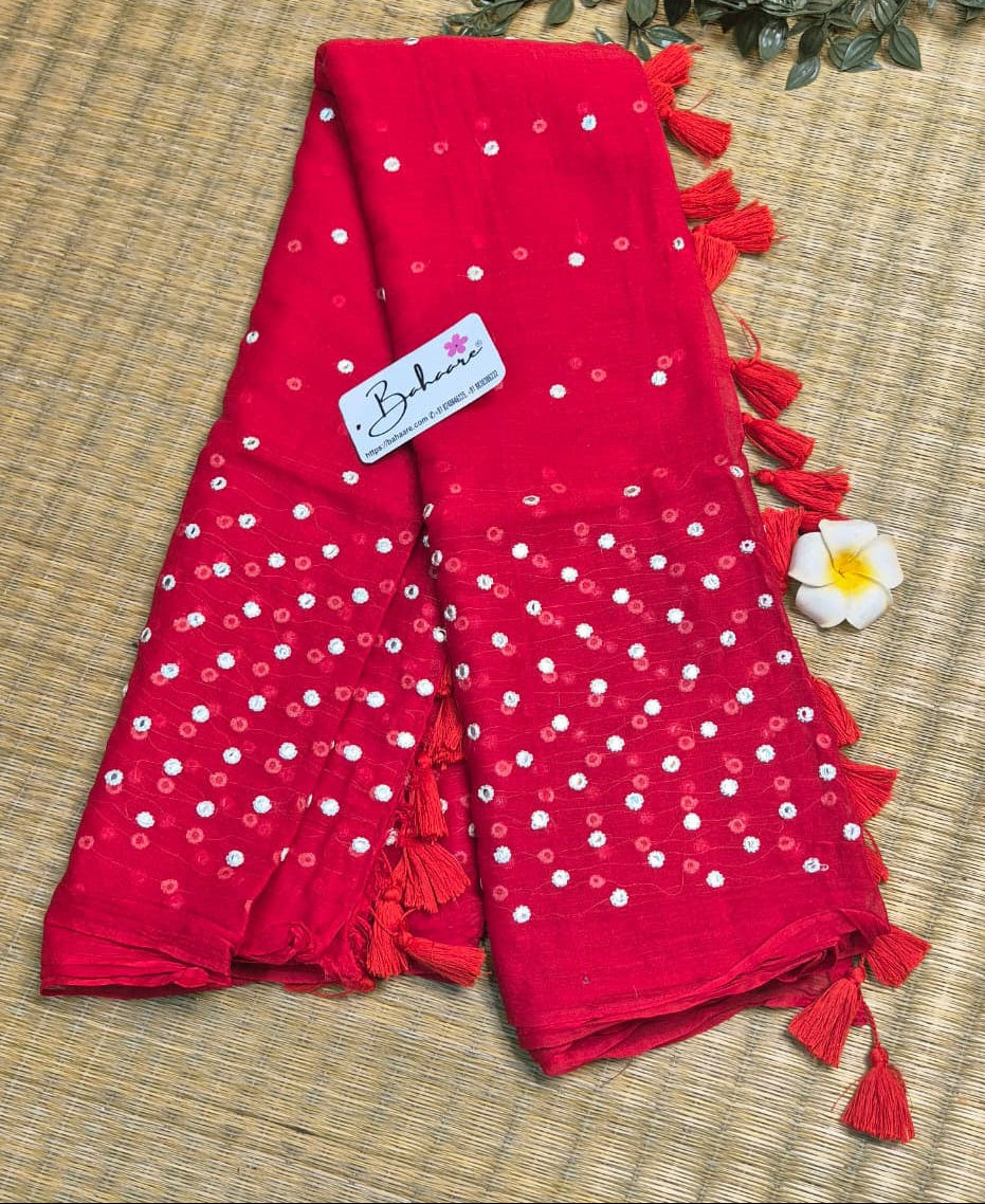 Mohini | Cherry Red Mul Mul Cotton Saree with Mirror Work