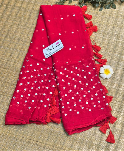 Mohini | Cherry Red Mul Mul Cotton Saree with Mirror Work