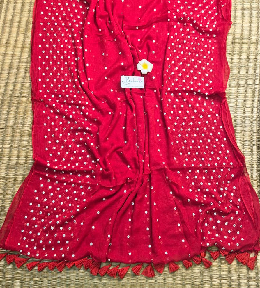 Mohini | Cherry Red Mul Mul Cotton Saree with Mirror Work