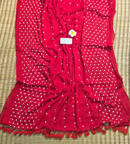 Mohini | Cherry Red Mul Mul Cotton Saree with Mirror Work