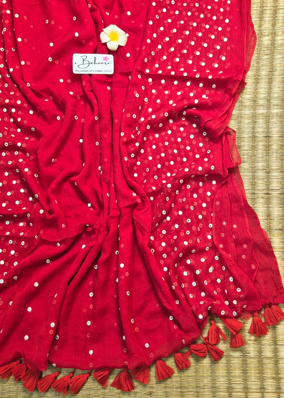 Mohini | Cherry Red Mul Mul Cotton Saree with Mirror Work