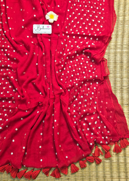 Mohini | Cherry Red Mul Mul Cotton Saree with Mirror Work