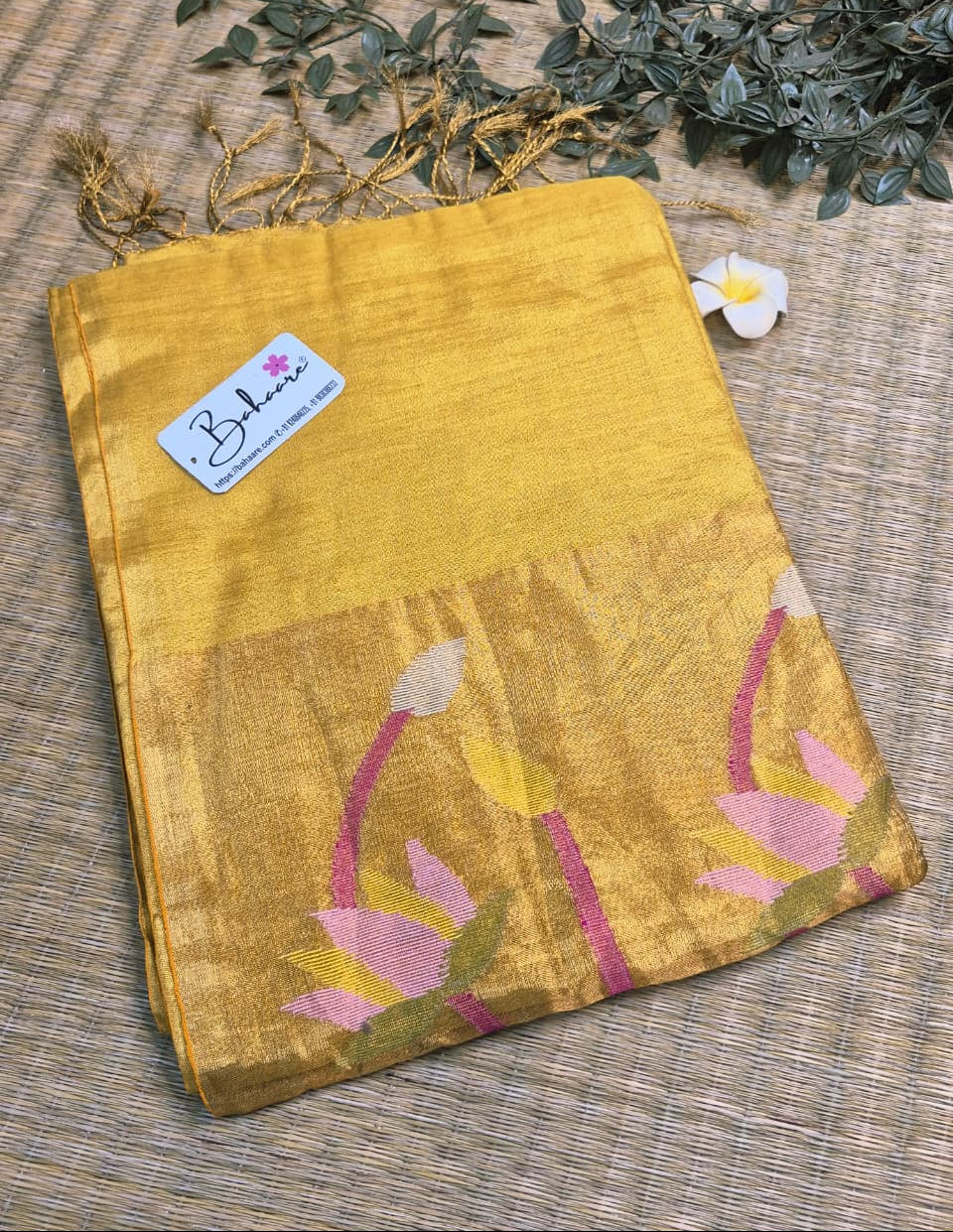 Springtime Serenity | Golden Yellow Tissue Linen Saree with Paithani Motif