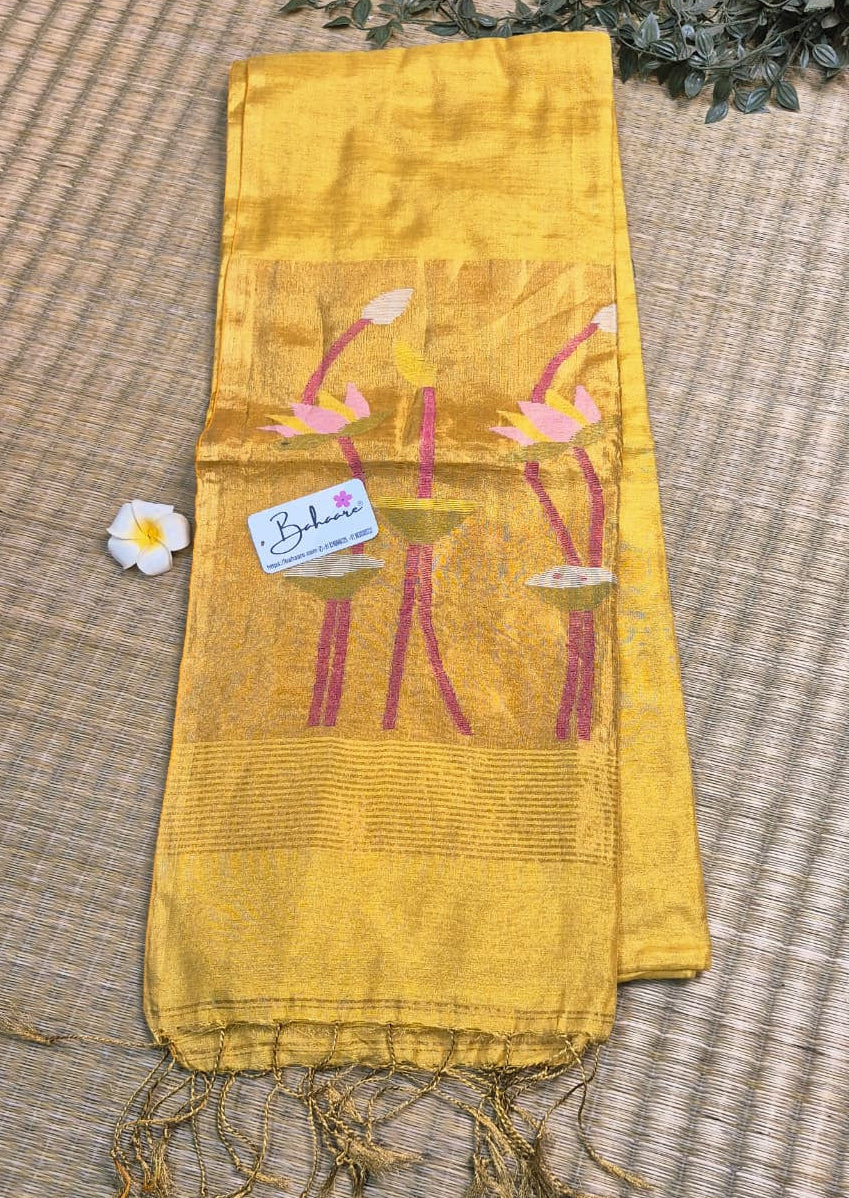 Springtime Serenity | Golden Yellow Tissue Linen Saree with Paithani Motif
