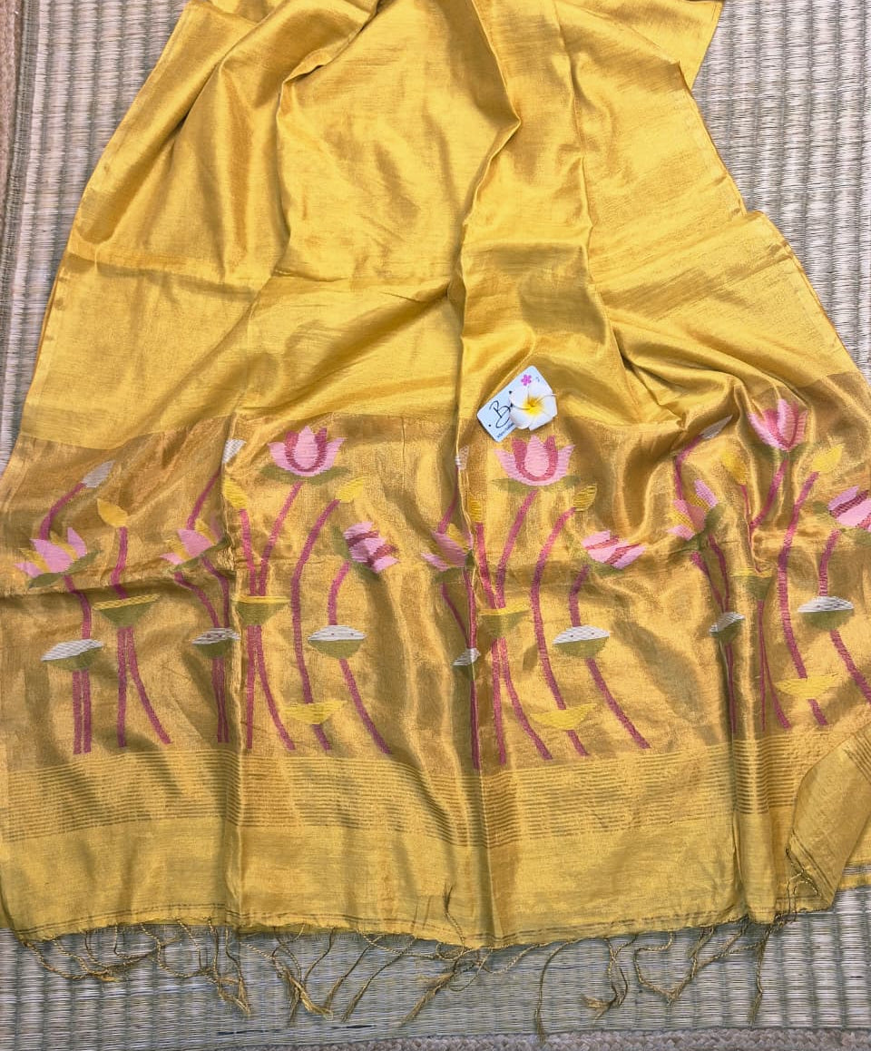 Springtime Serenity | Golden Yellow Tissue Linen Saree with Paithani Motif