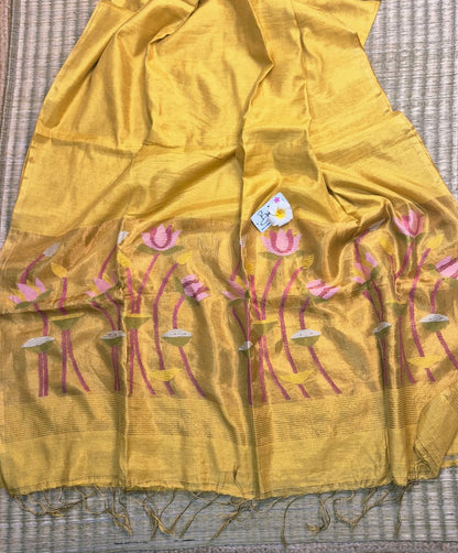 Springtime Serenity | Golden Yellow Tissue Linen Saree with Paithani Motif