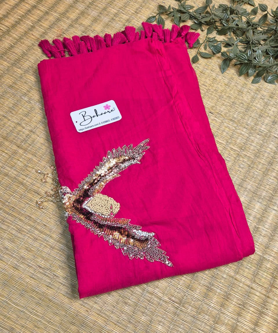 Mohini | Royal Rani Pink Mul Mul Cotton Saree with Handcrafted Moti Work on Front Top Part