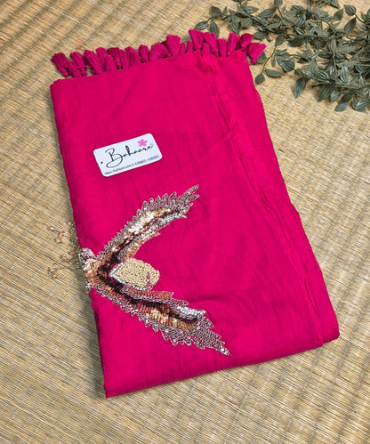 Mohini | Royal Rani Pink Mul Mul Cotton Saree with Handcrafted Moti Work on Front Top Part
