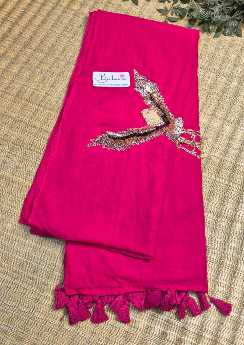 Mohini | Royal Rani Pink Mul Mul Cotton Saree with Handcrafted Moti Work on Front Top Part