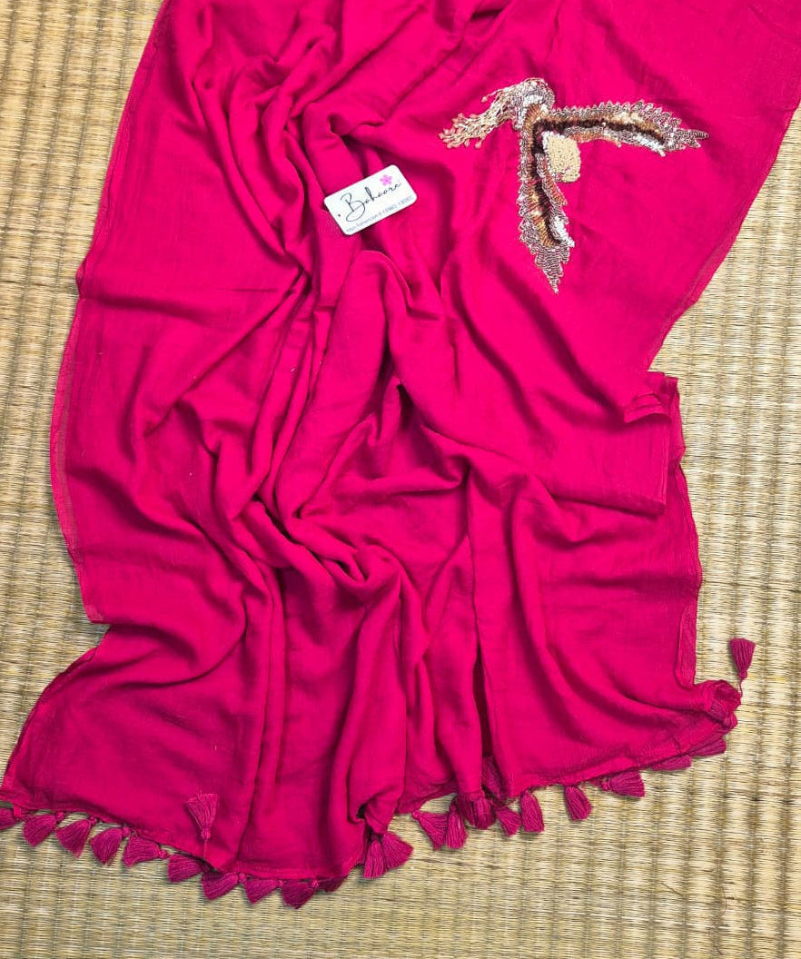 Mohini | Royal Rani Pink Mul Mul Cotton Saree with Handcrafted Moti Work on Front Top Part