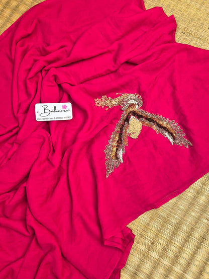 Mohini | Royal Rani Pink Mul Mul Cotton Saree with Handcrafted Moti Work on Front Top Part