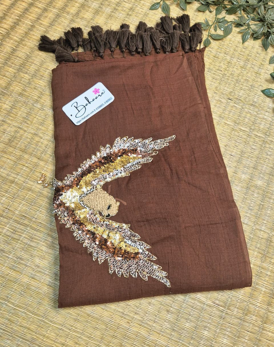 Mohini | Dark Chocolate Brown Mul Mul Cotton Saree with Handcrafted Moti Work on Front Top Part