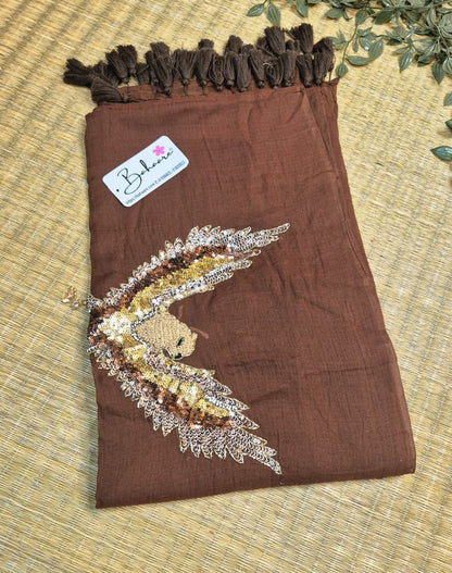 Mohini | Dark Chocolate Brown Mul Mul Cotton Saree with Handcrafted Moti Work on Front Top Part