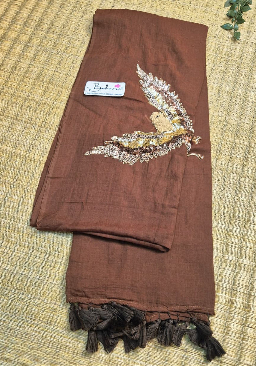 Mohini | Dark Chocolate Brown Mul Mul Cotton Saree with Handcrafted Moti Work on Front Top Part