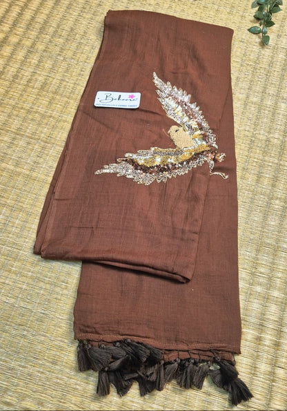 Mohini | Dark Chocolate Brown Mul Mul Cotton Saree with Handcrafted Moti Work on Front Top Part