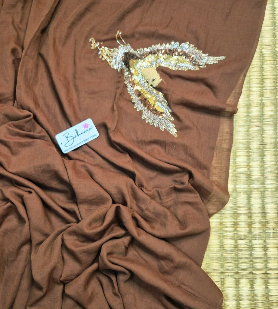 Mohini | Dark Chocolate Brown Mul Mul Cotton Saree with Handcrafted Moti Work on Front Top Part