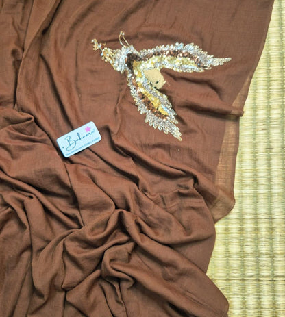 Mohini | Dark Chocolate Brown Mul Mul Cotton Saree with Handcrafted Moti Work on Front Top Part