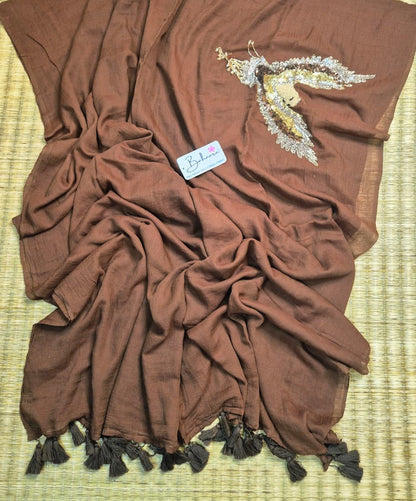 Mohini | Dark Chocolate Brown Mul Mul Cotton Saree with Handcrafted Moti Work on Front Top Part