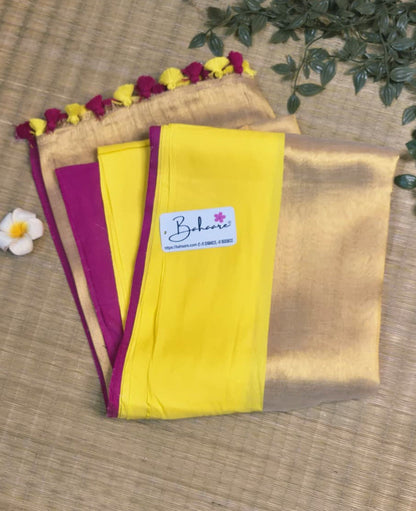 Megha | Ivory Gold Tissue Saree with Yellow and Rani Border