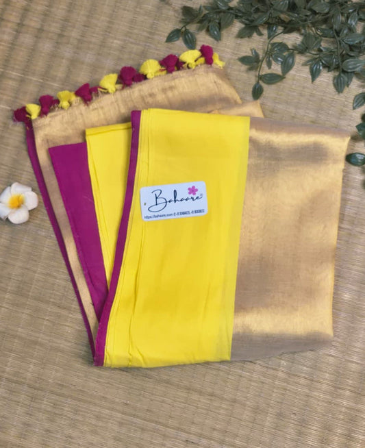 Megha | Ivory Gold Tissue Saree with Yellow and Rani Border