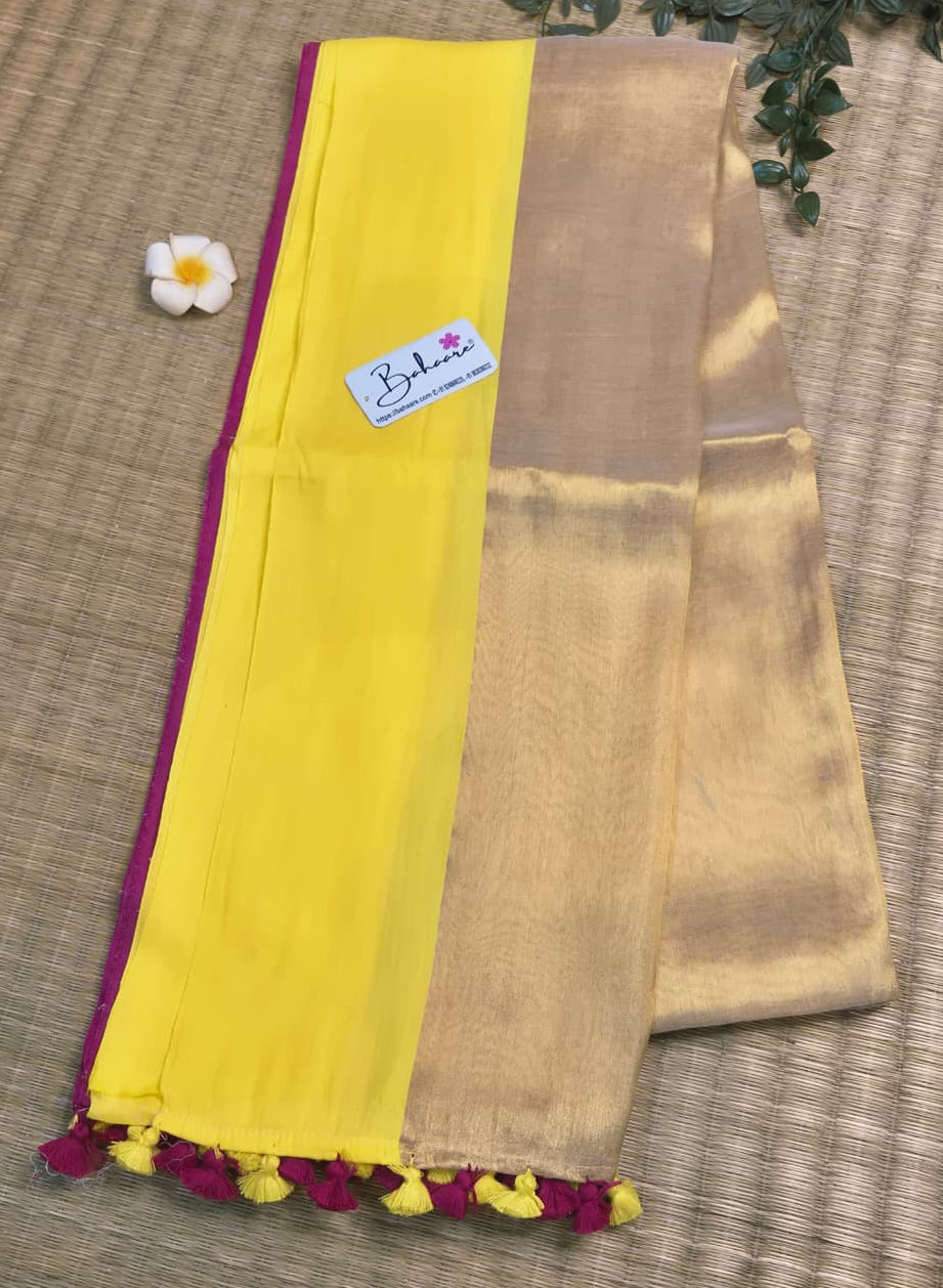 Megha | Ivory Gold Tissue Saree with Yellow and Rani Border