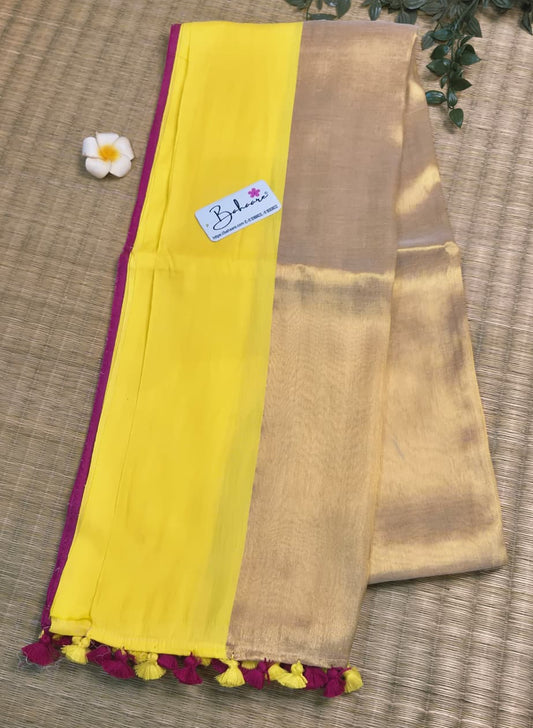 Megha | Ivory Gold Tissue Saree with Yellow and Rani Border