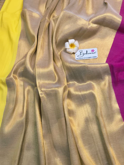 Megha | Ivory Gold Tissue Saree with Yellow and Rani Border