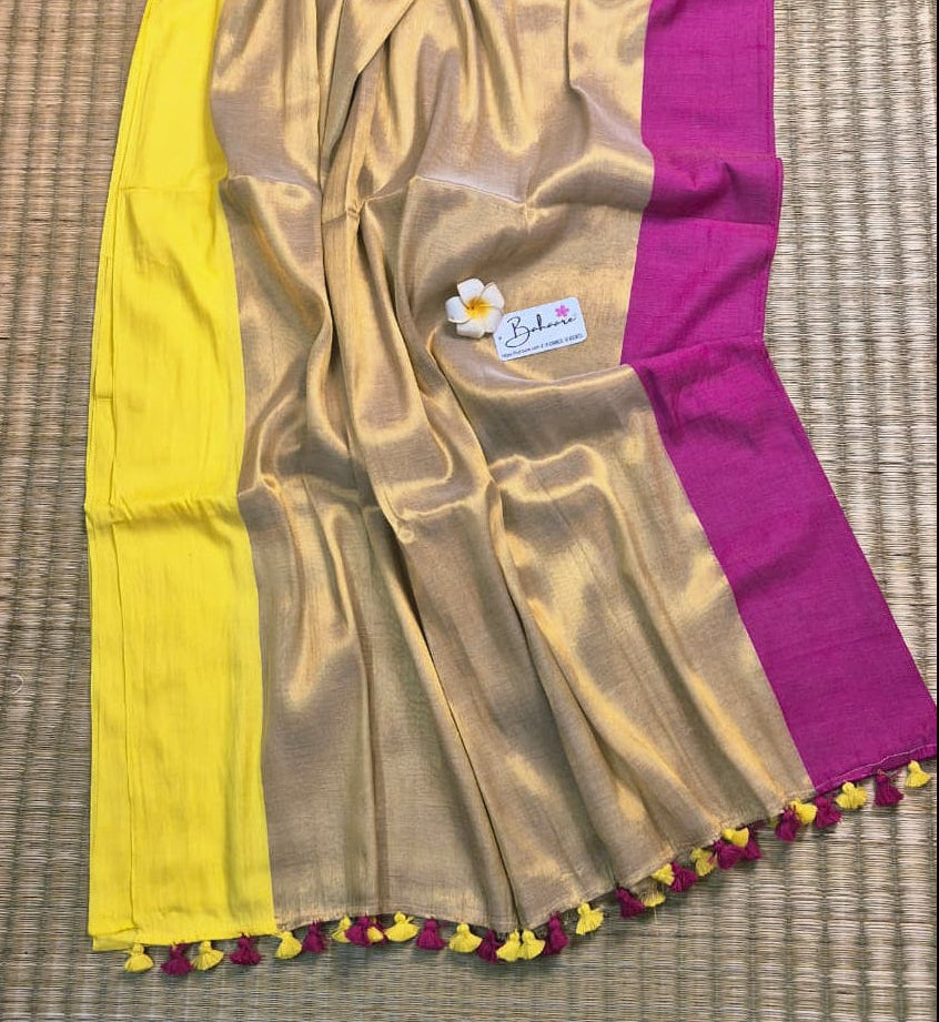Megha | Ivory Gold Tissue Saree with Yellow and Rani Border