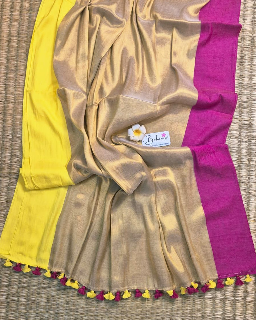 Megha | Ivory Gold Tissue Saree with Yellow and Rani Border
