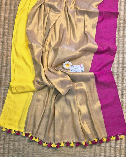Megha | Ivory Gold Tissue Saree with Yellow and Rani Border