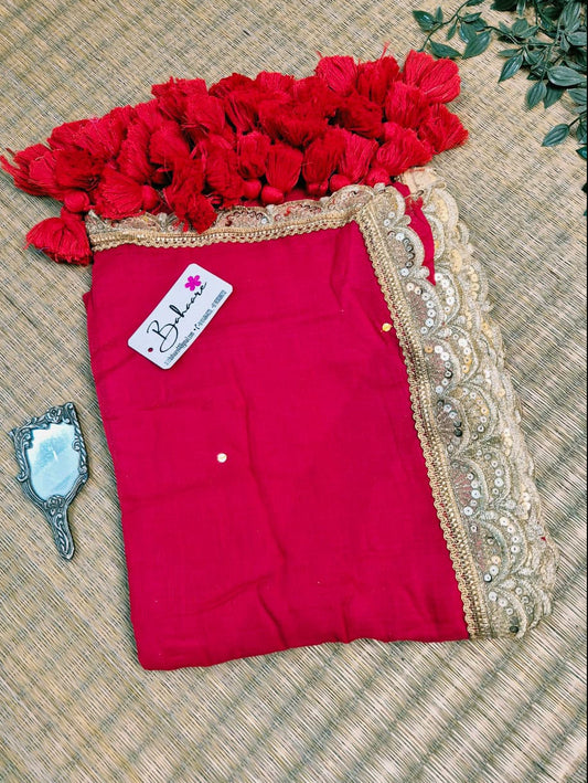 Shimmering Starlight | Sindoor Red Mul Mul Cotton Saree with designer Zari Lace