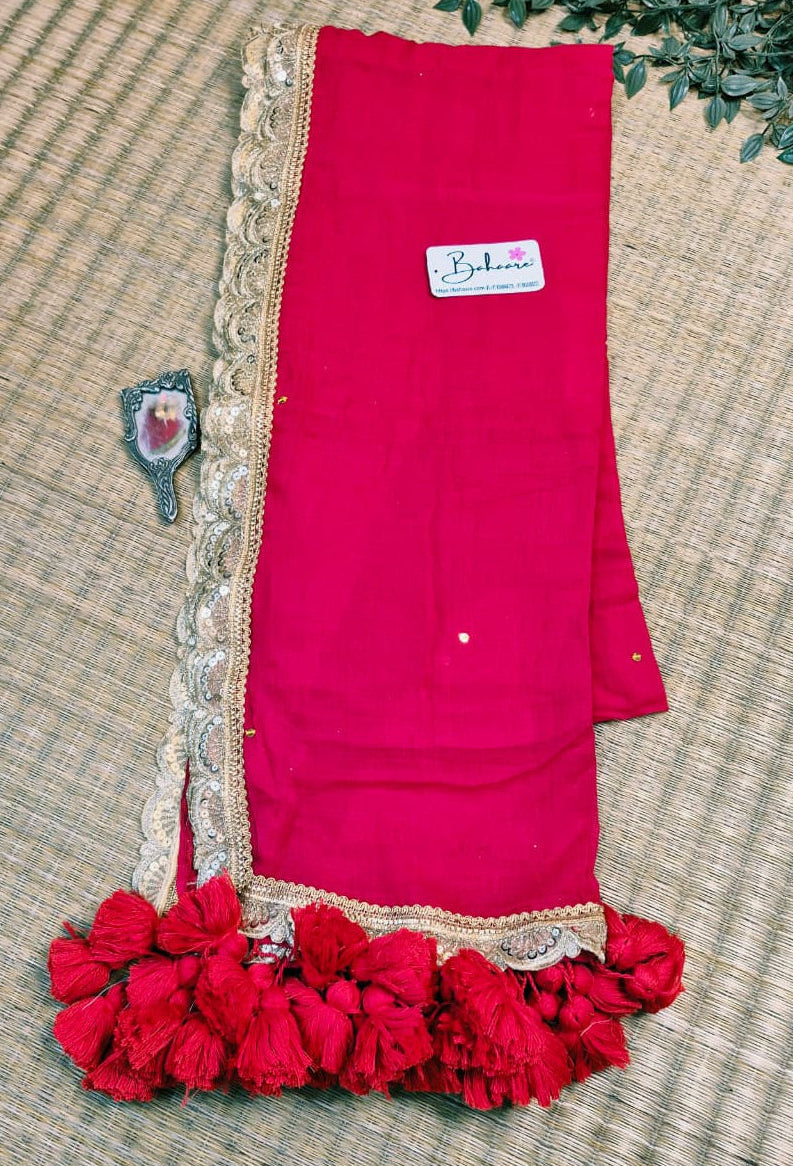 Shimmering Starlight | Sindoor Red Mul Mul Cotton Saree with designer Zari Lace