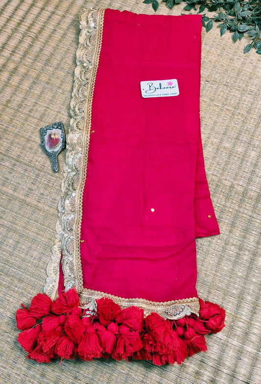 Shimmering Starlight | Sindoor Red Mul Mul Cotton Saree with designer Zari Lace