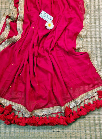 Shimmering Starlight | Sindoor Red Mul Mul Cotton Saree with designer Zari Lace