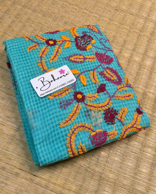 Cotton Galleria | Turquoise Blue Resham Kota Saree with Handcrafted Bullion Stich