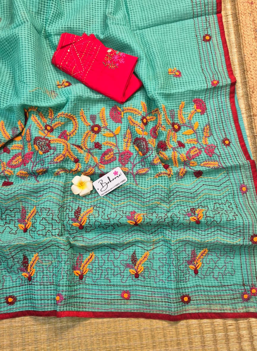 Cotton Galleria | Turquoise Blue Resham Kota Saree with Handcrafted Bullion Stich