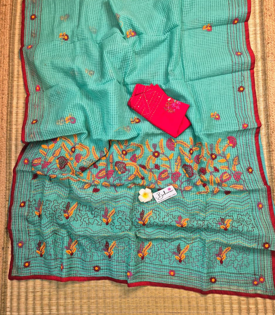 Cotton Galleria | Turquoise Blue Resham Kota Saree with Handcrafted Bullion Stich