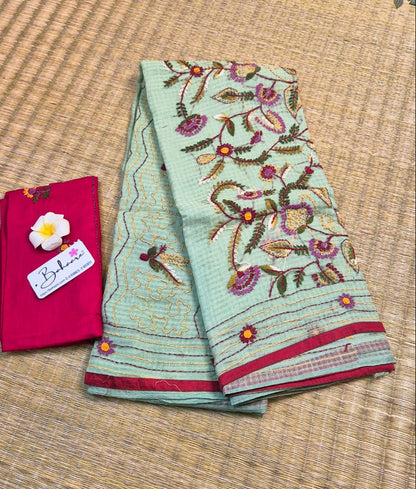 Cotton Galleria | Pastel Green Resham Kota Saree with Handcrafted Bullion Stich