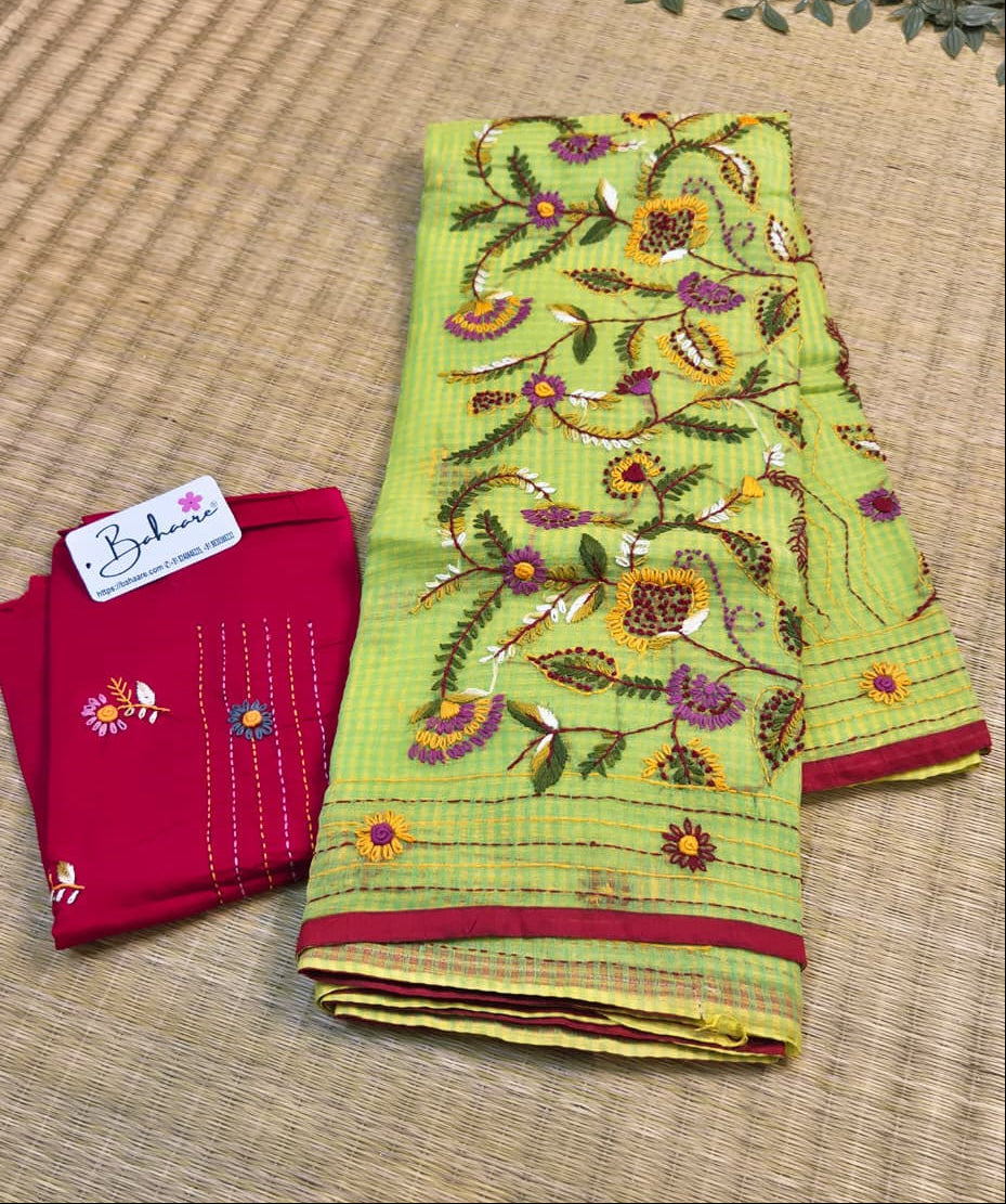 Cotton Galleria | Sage Green Resham Kota Saree with Handcrafted Bullion Stich