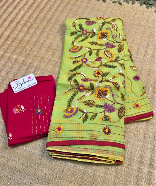 Cotton Galleria | Sage Green Resham Kota Saree with Handcrafted Bullion Stich