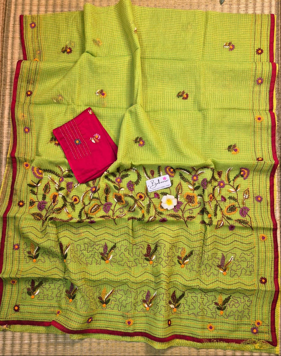 Cotton Galleria | Sage Green Resham Kota Saree with Handcrafted Bullion Stich