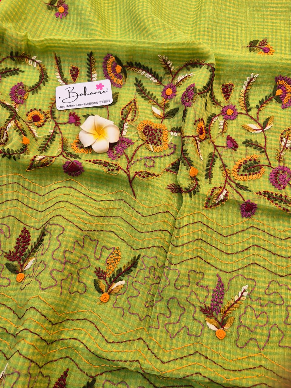 Cotton Galleria | Sage Green Resham Kota Saree with Handcrafted Bullion Stich