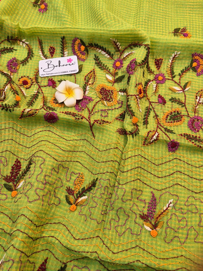 Cotton Galleria | Sage Green Resham Kota Saree with Handcrafted Bullion Stich