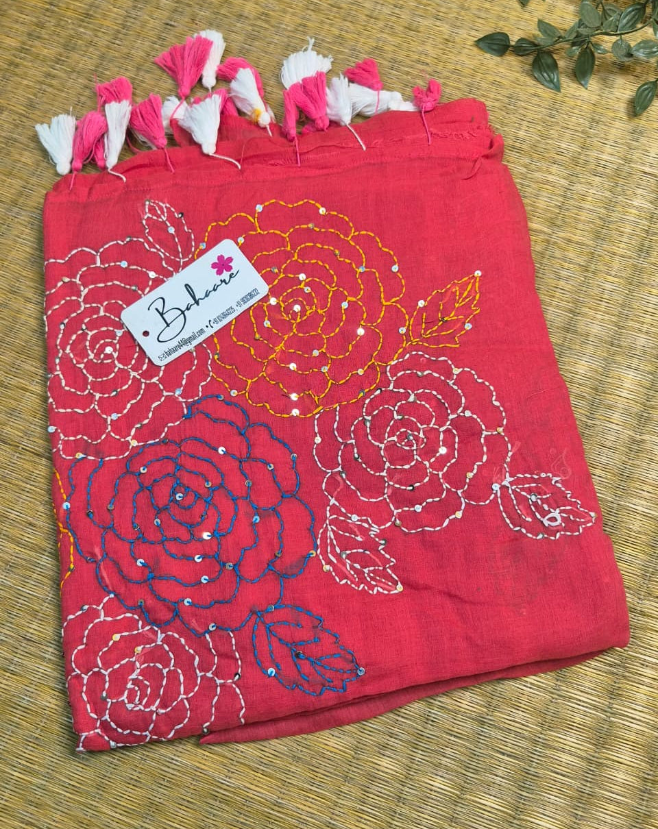 Mohini | Coral Pink Mul Mul Cotton Saree with Kantha Hand Embroidery