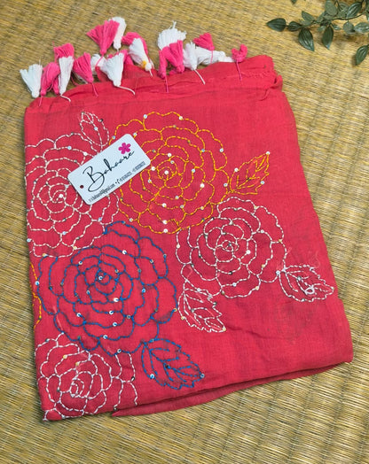 Mohini | Coral Pink Mul Mul Cotton Saree with Kantha Hand Embroidery